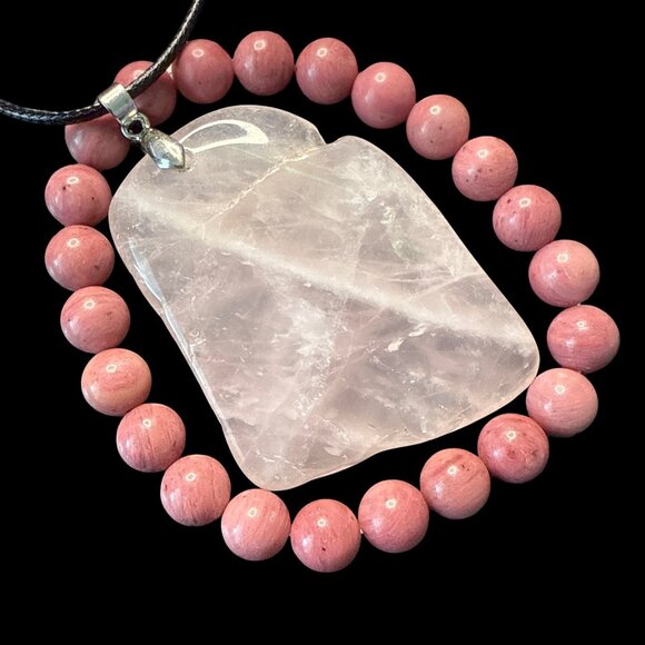 Rose Quartz Pendant Necklace pink rhodonite bracelet fashion accessories bundle - Picture 7 of 10
